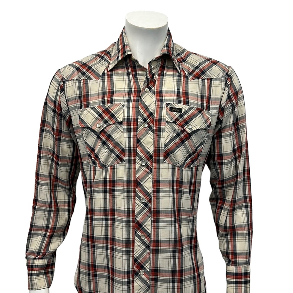 Vintage Montgomery Ward Western Pearl Snap Beige Red Black Long Sleeve Shirt MD